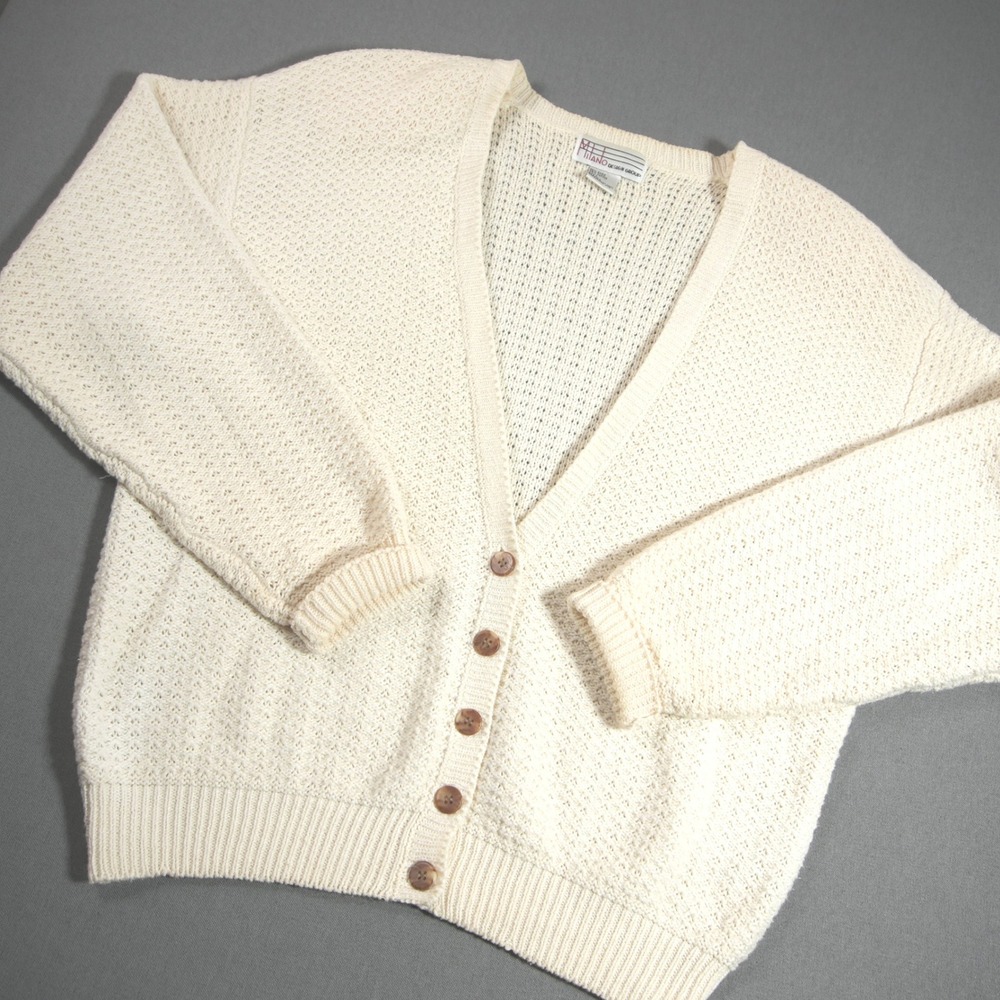 Vintage Milano Pointelle Knit V-Neck Women Cardigan L Coastal Retro Prep Grandma